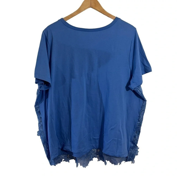 Roamans Blue Blouse Floral Applique Textured 3D 1X Short Sleeves Pullover Top - Picture 2 of 5